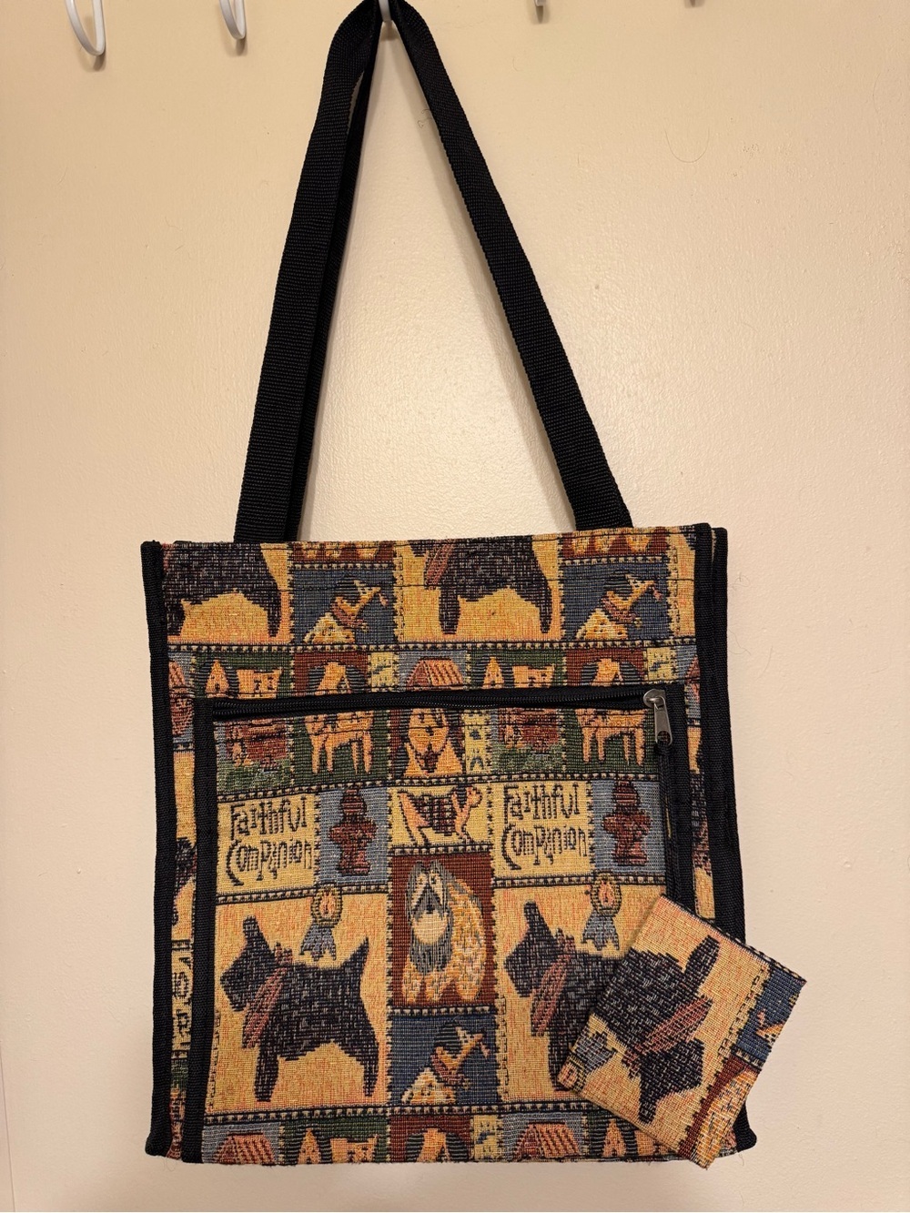 Vintage Tapestry Casual Nostalgic Cottagecore Dog Motif Tote with Black Straps